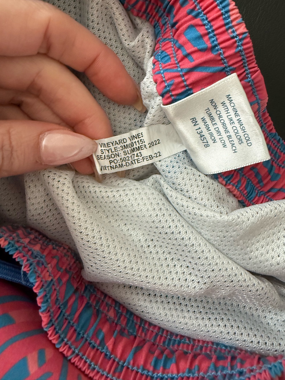 Vineyard Vines Kids Swim Trunks - Coral Pink & Turquoise Fish/Leaf Print - Picture 5 of 5